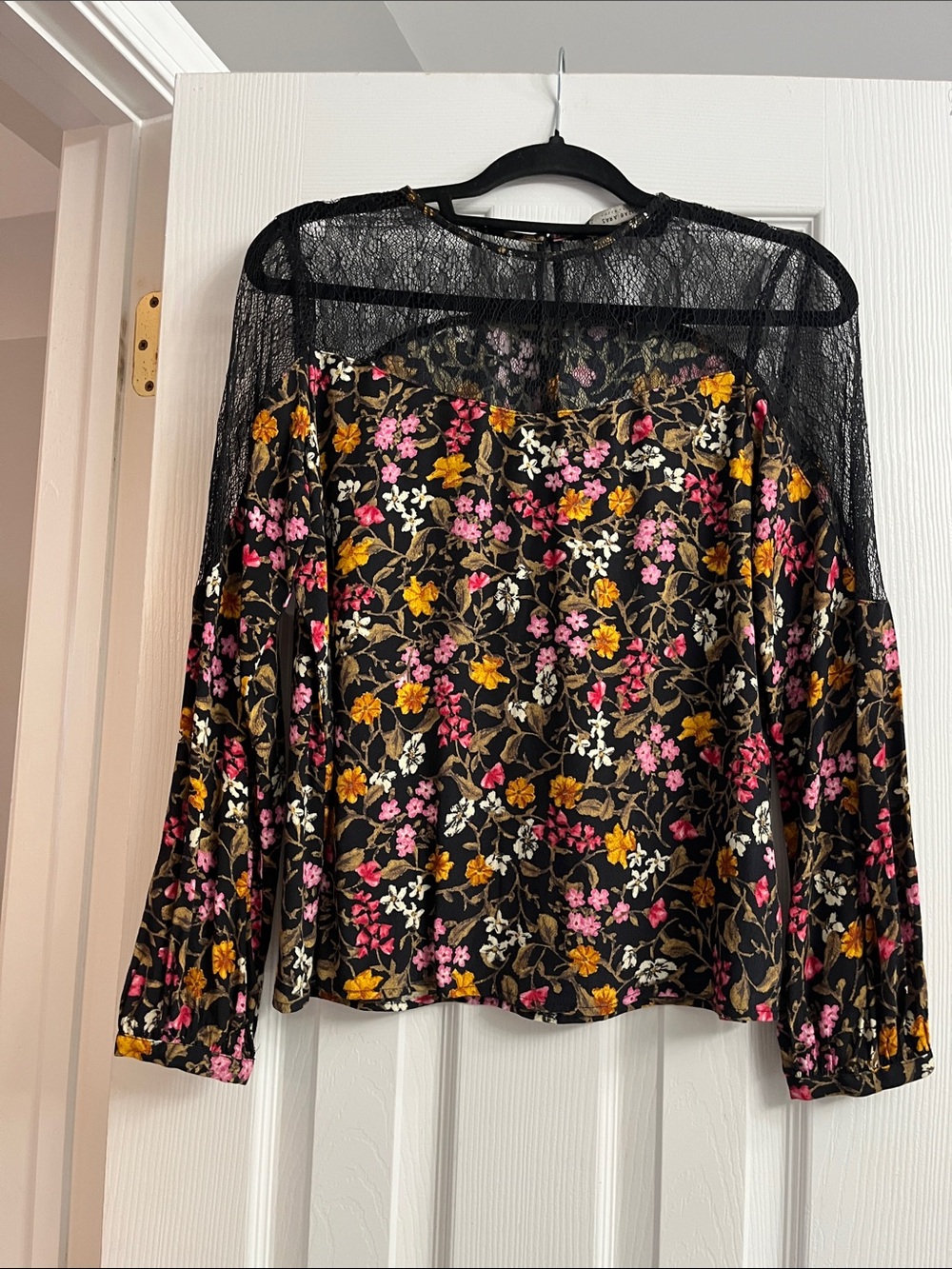 Zara Black Lace Yoke Blouse with Pink & Yellow Floral Print